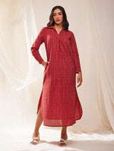 Cotton Tribal Print Shirt Dress - Red