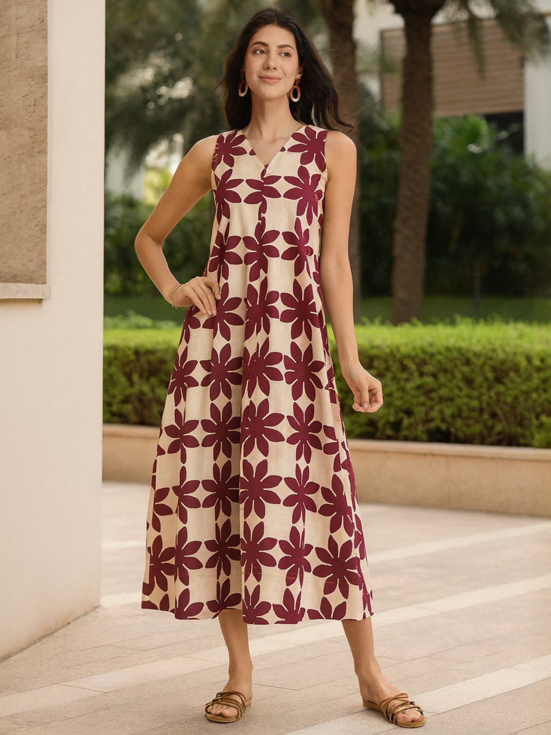 Cotton Dabu Handblock Floral Dress - Cream & Wine
