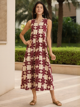 Cotton Dabu Handblock Floral Dress - Cream & Wine