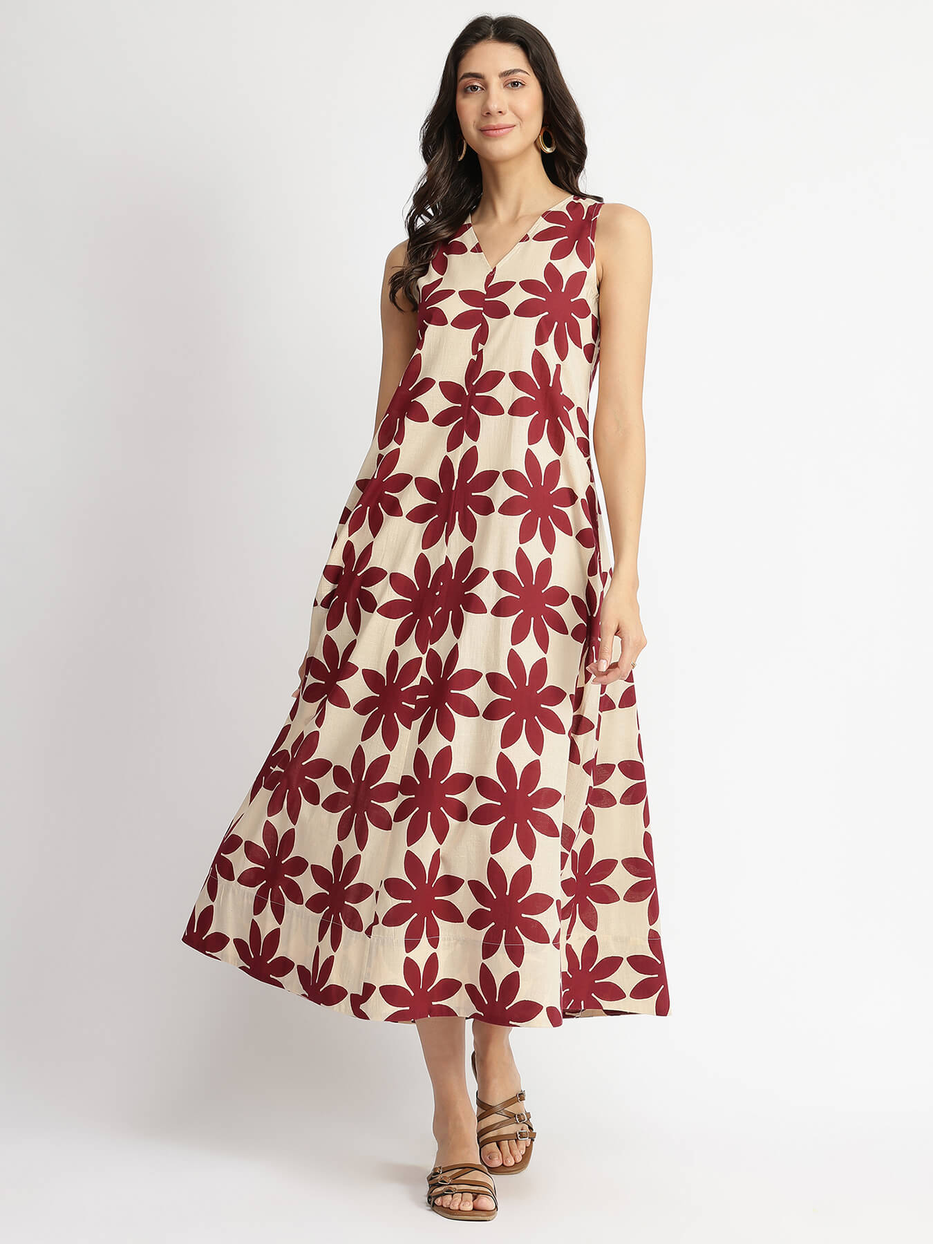 Cotton Dabu Handblock Floral Dress - Cream & Wine