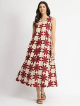Cotton Dabu Handblock Floral Dress - Cream & Wine