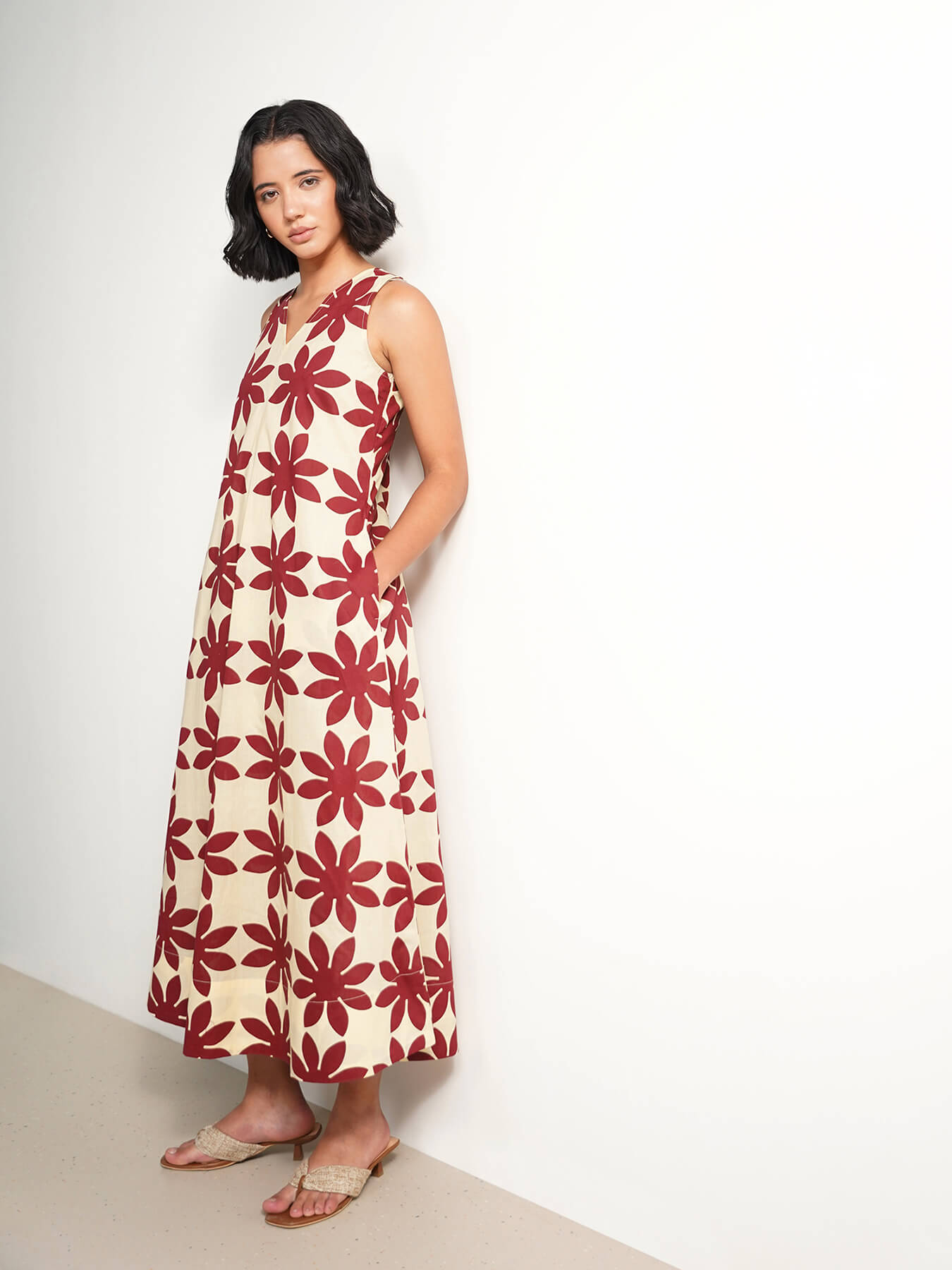 Cotton Dabu Handblock Floral Dress - Cream & Wine