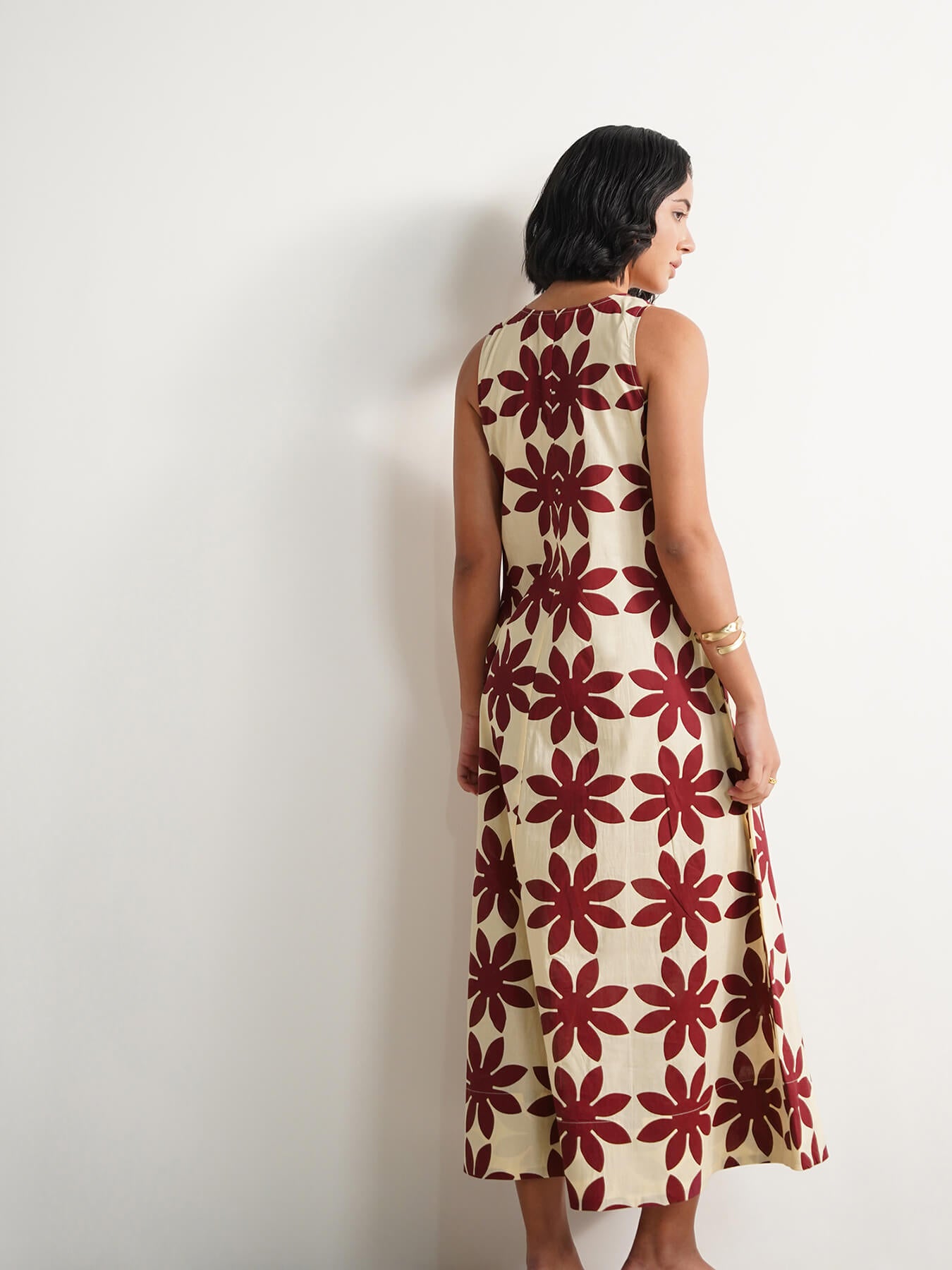 Cotton Dabu Handblock Floral Dress - Cream & Wine