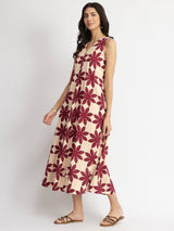Cotton Dabu Handblock Floral Dress - Cream & Wine