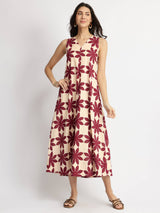 Cotton Dabu Handblock Floral Dress - Cream & Wine