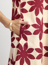 Cotton Dabu Handblock Floral Dress - Cream & Wine