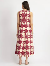 Cotton Dabu Handblock Floral Dress - Cream & Wine