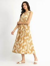 Cotton Dabu Geometric Dress - Mustard