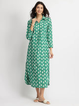 Cotton Dabu Handblock Half Moon Print Dress - Green