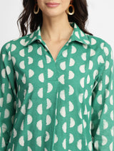 Cotton Dabu Handblock Half Moon Print Dress - Green