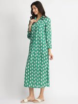 Cotton Dabu Handblock Half Moon Print Dress - Green