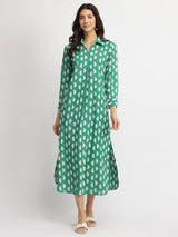 Cotton Dabu Handblock Half Moon Print Dress - Green