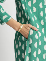 Cotton Dabu Handblock Half Moon Print Dress - Green