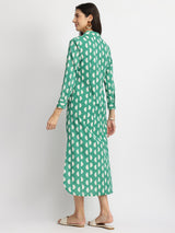 Cotton Dabu Handblock Half Moon Print Dress - Green
