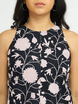 Cotton Floral Sleeveless Dress - Black & Off-White