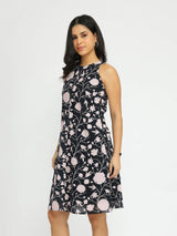 Cotton Floral Sleeveless Dress - Black & Off-White
