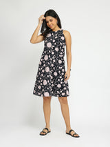 Cotton Floral Sleeveless Dress - Black & Off-White