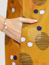 Cotton Geometric A-Line Dress - Yellow