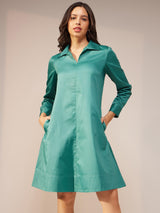 Cotton Satin Solid Shirt Dress - Teal