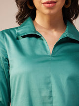 Cotton Satin Solid Shirt Dress - Teal