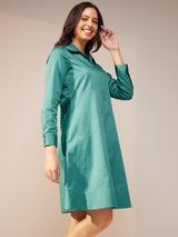 Cotton Satin Solid Shirt Dress - Teal