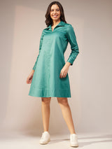 Cotton Satin Solid Shirt Dress - Teal