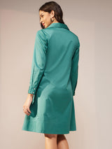Cotton Satin Solid Shirt Dress - Teal