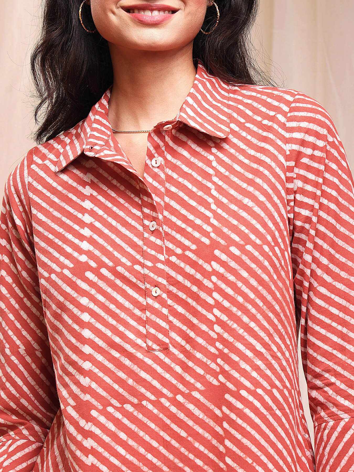 Cotton Dabu Striped Shirt Dress - Orange