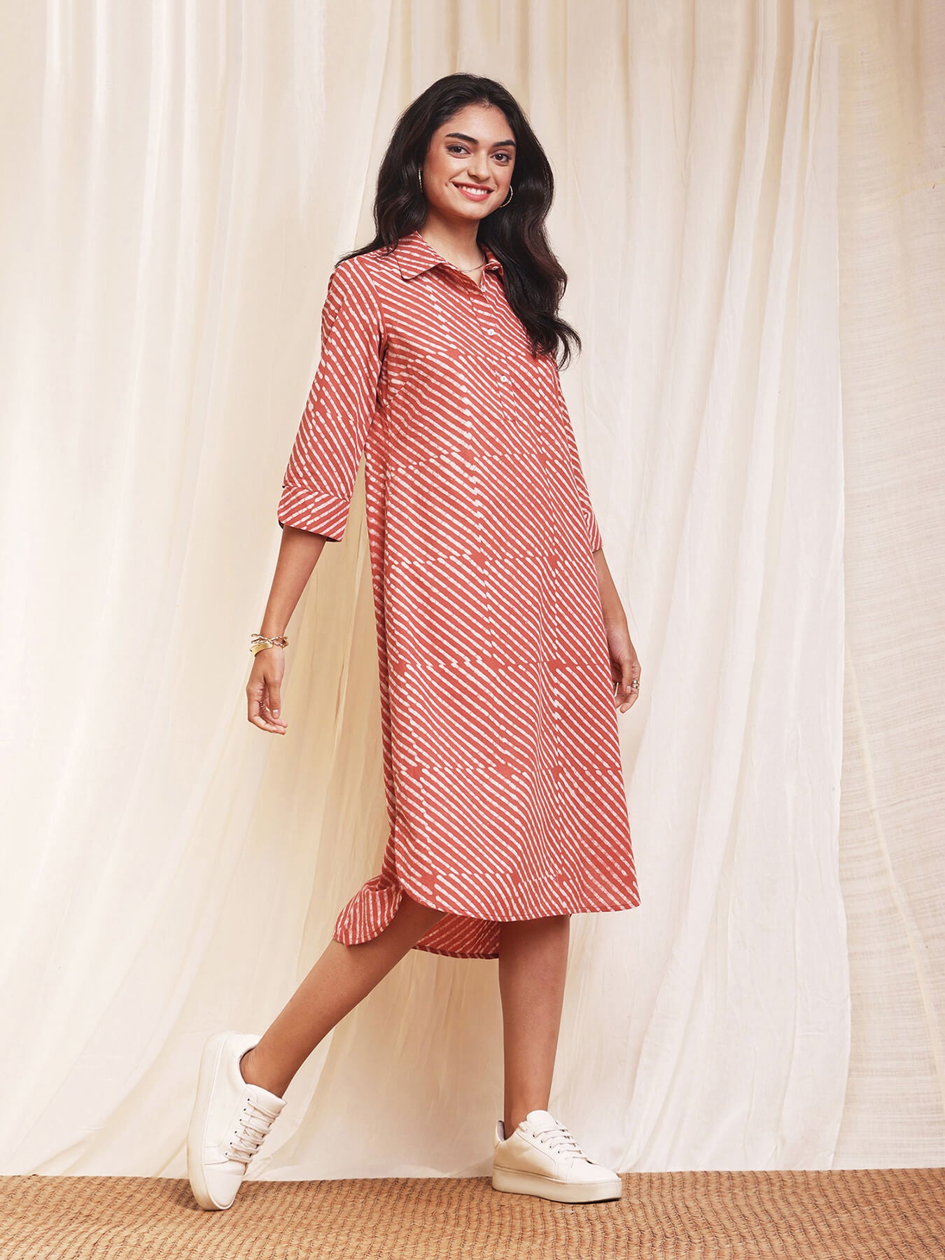 Cotton Dabu Striped Shirt Dress - Orange