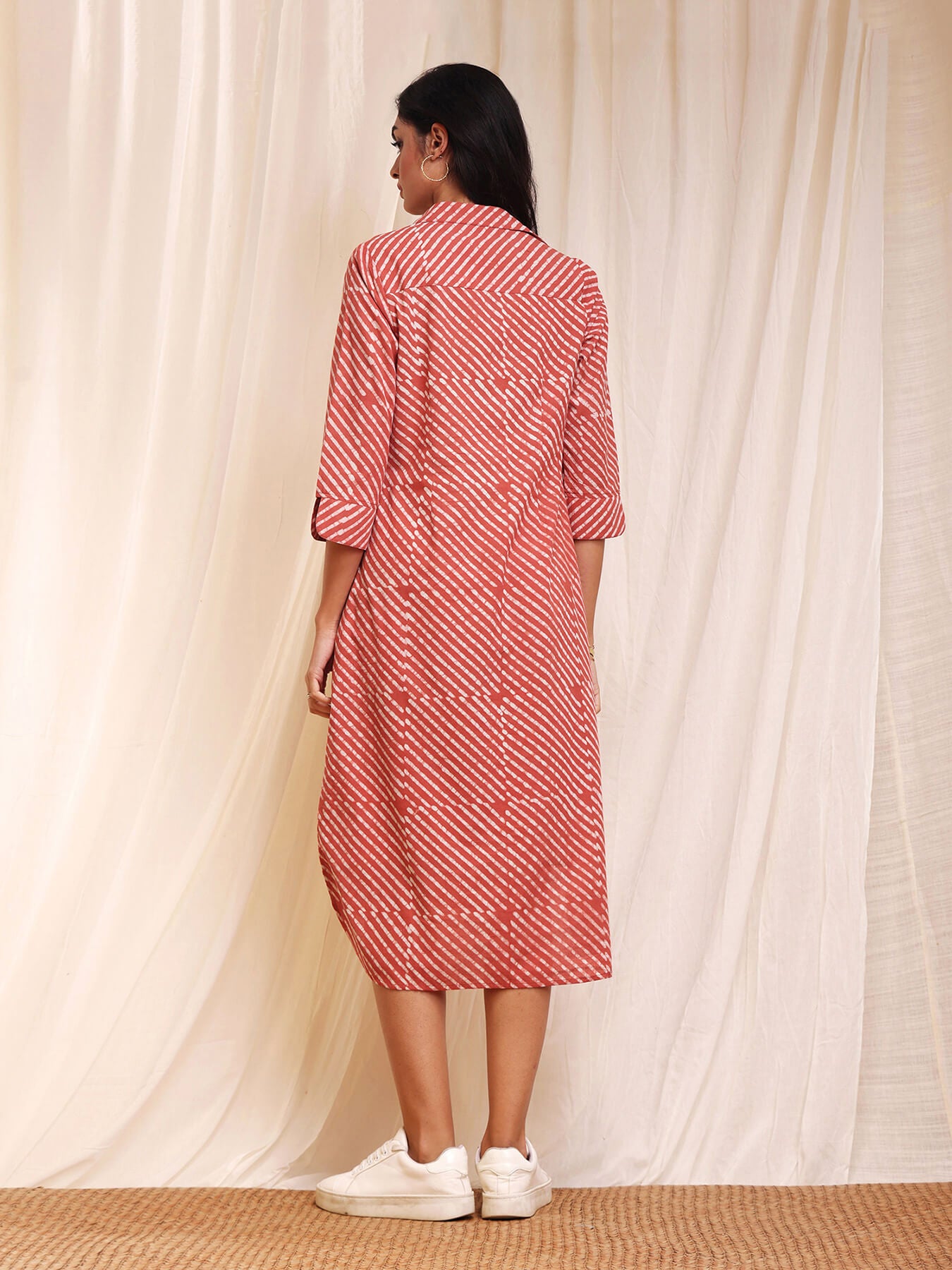Cotton Dabu Striped Shirt Dress - Orange