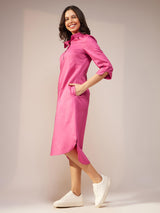 Cotton Satin Solid Shirt Dress - Pink