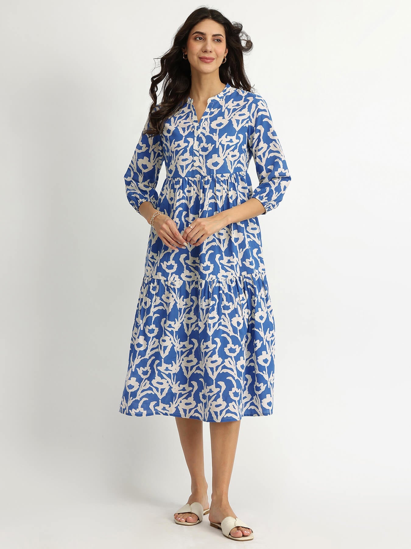 Cotton Floral Print Tiered Dress - Blue