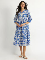 Cotton Floral Print Tiered Dress - Blue