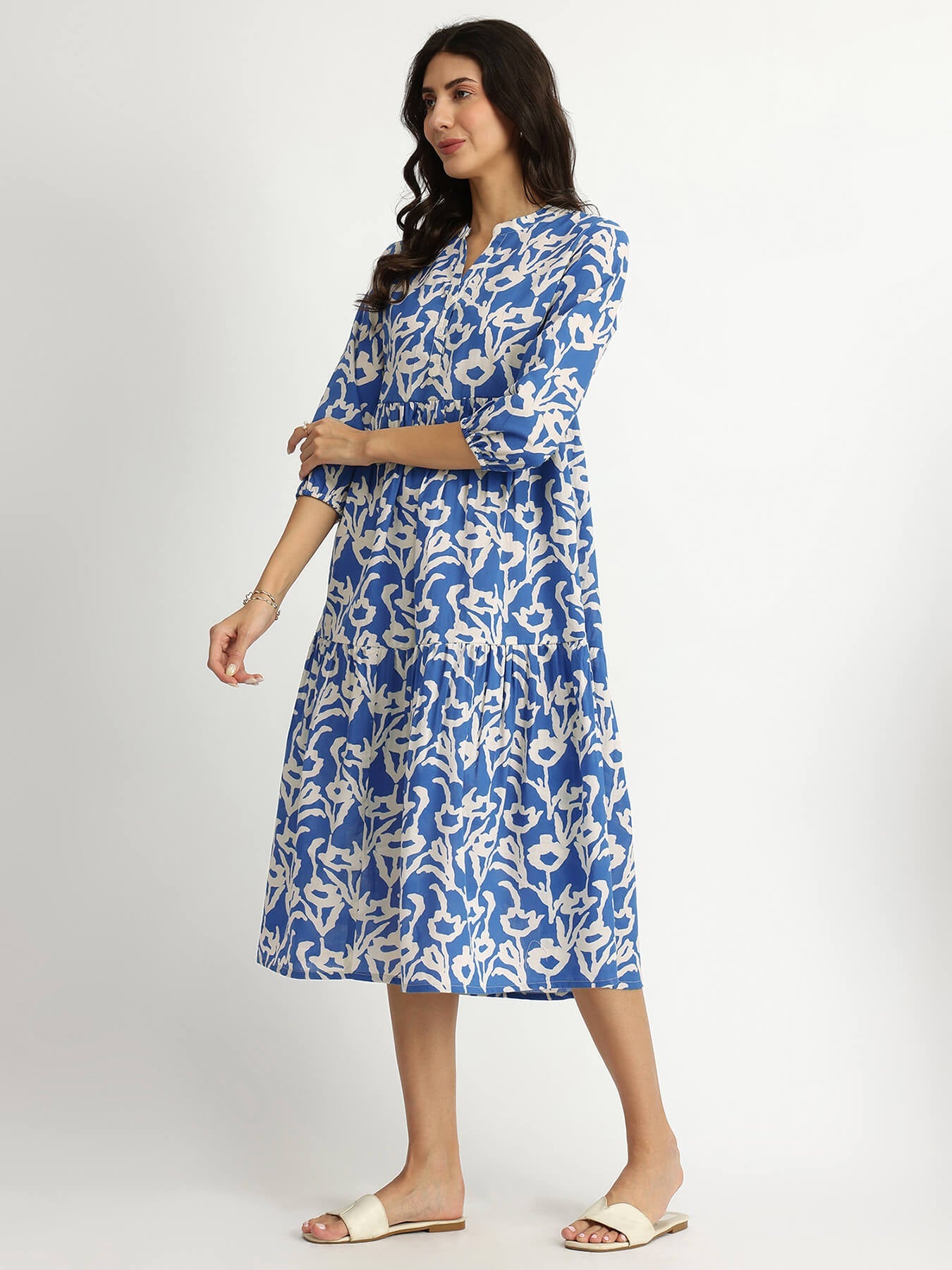Cotton Floral Print Tiered Dress - Blue