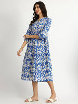 Cotton Floral Print Tiered Dress - Blue