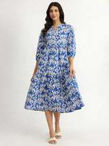 Cotton Floral Print Tiered Dress - Blue