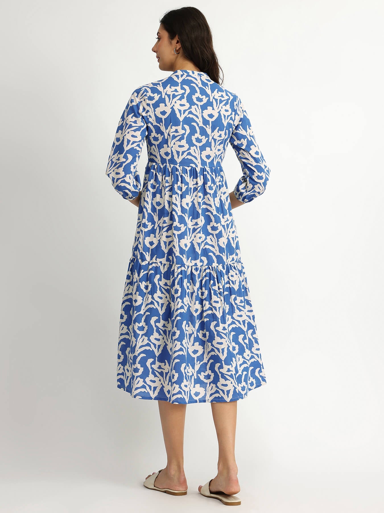 Cotton Floral Print Tiered Dress - Blue