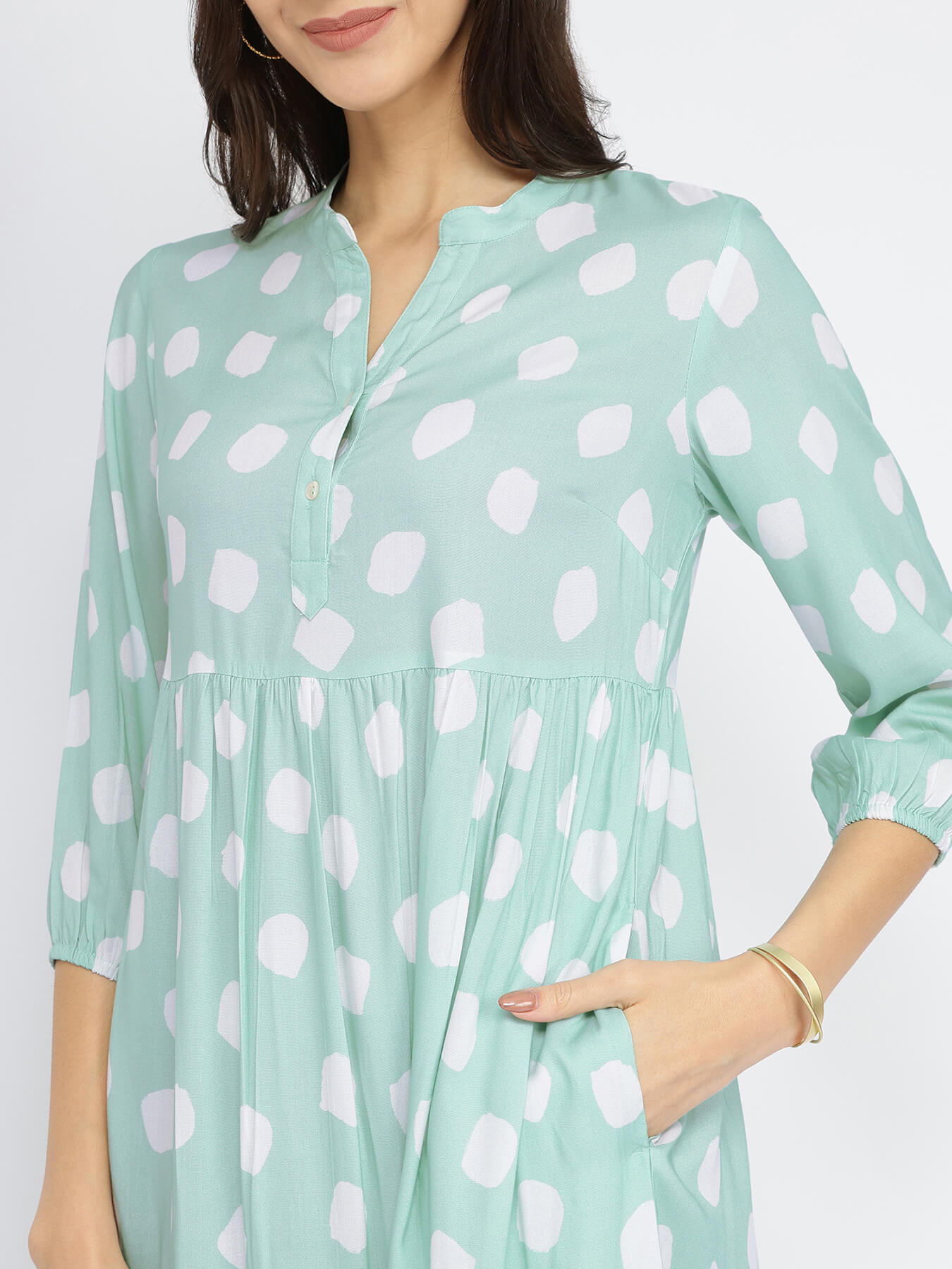Rayon Polka Tiered Dress - Green