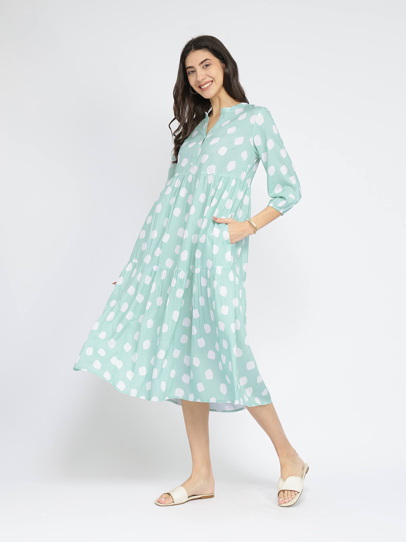Rayon Polka Tiered Dress - Green