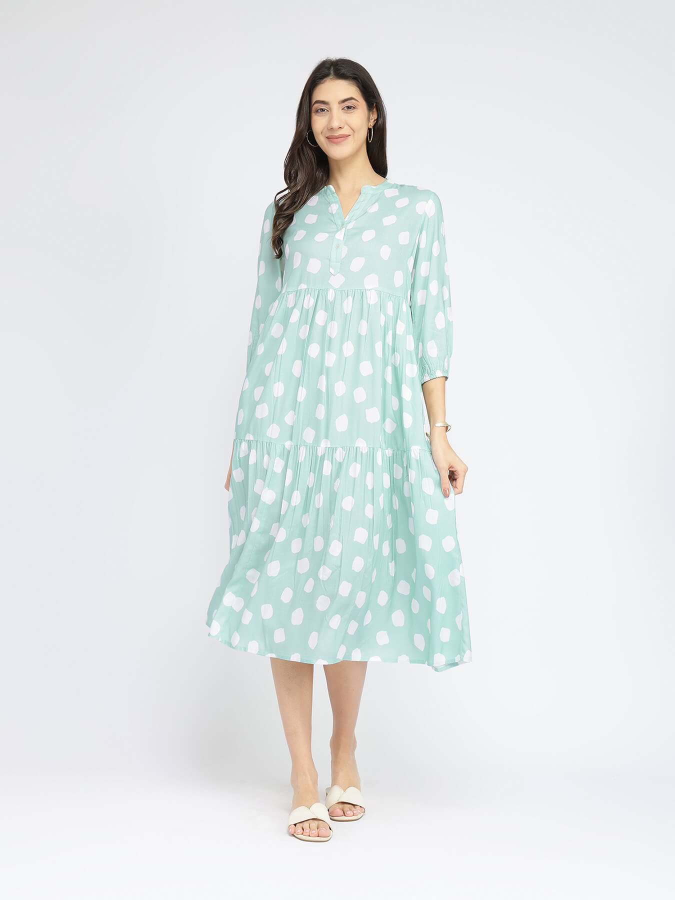 Rayon Polka Tiered Dress - Green