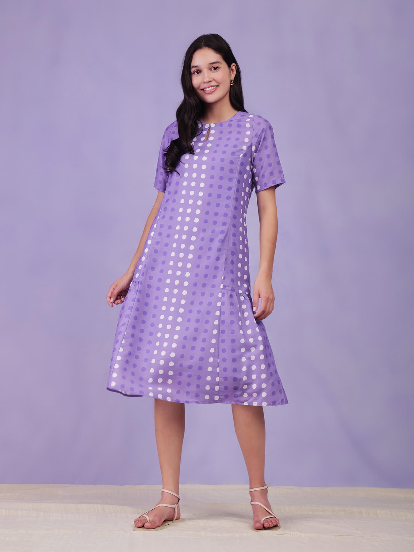 Buy Lilac Polka Print A Line Dress Online | Pink Fort Buy Lilac Polka Print A Line Dress Online | Pink Fort
