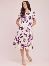 Cotton Floral Print Dress - Off-White and Purple