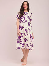 Cotton Floral Print Dress - Off-White and Purple