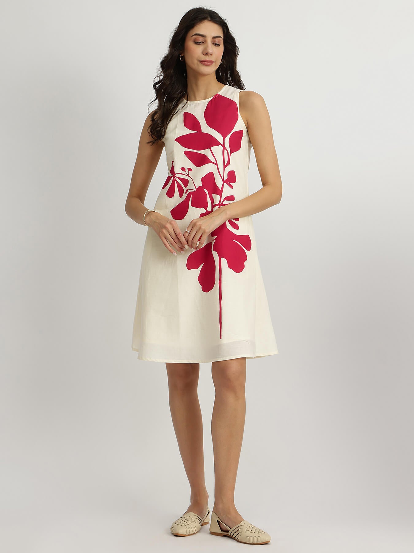 Cotton Floral A-Line Dress - Off-White and Pink