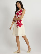 Cotton Floral A-Line Dress - Off-White and Pink
