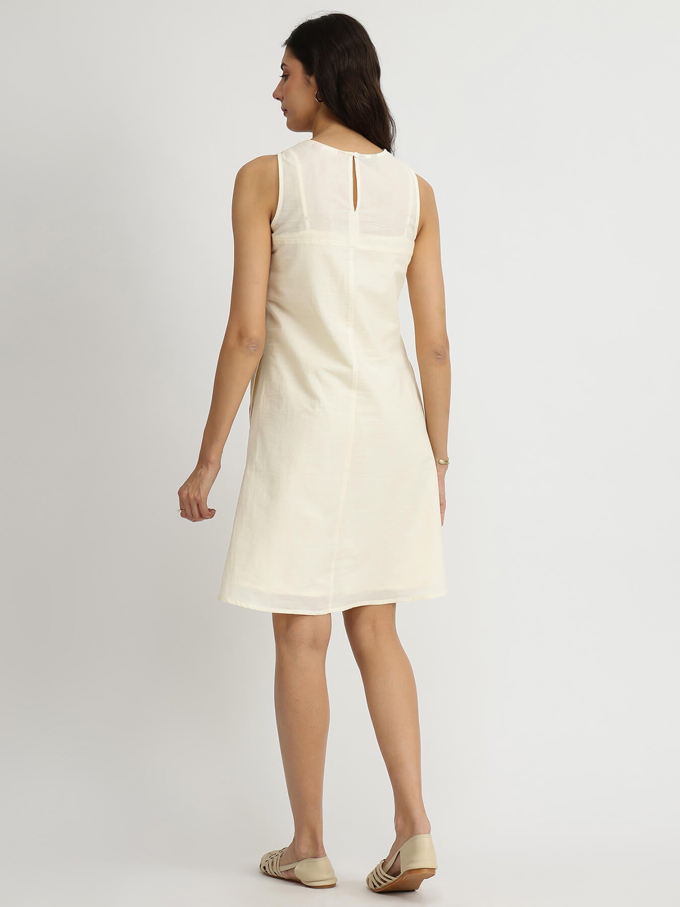 Cotton Floral A-Line Dress - Off-White and Pink