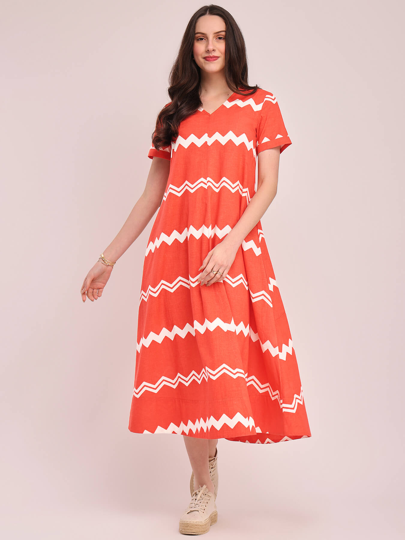Cotton Chevron Print Dress - Peach