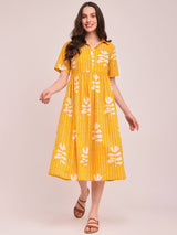 Cotton Floral Shirt Dress - Yellow
