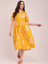 Cotton Floral Shirt Dress - Yellow