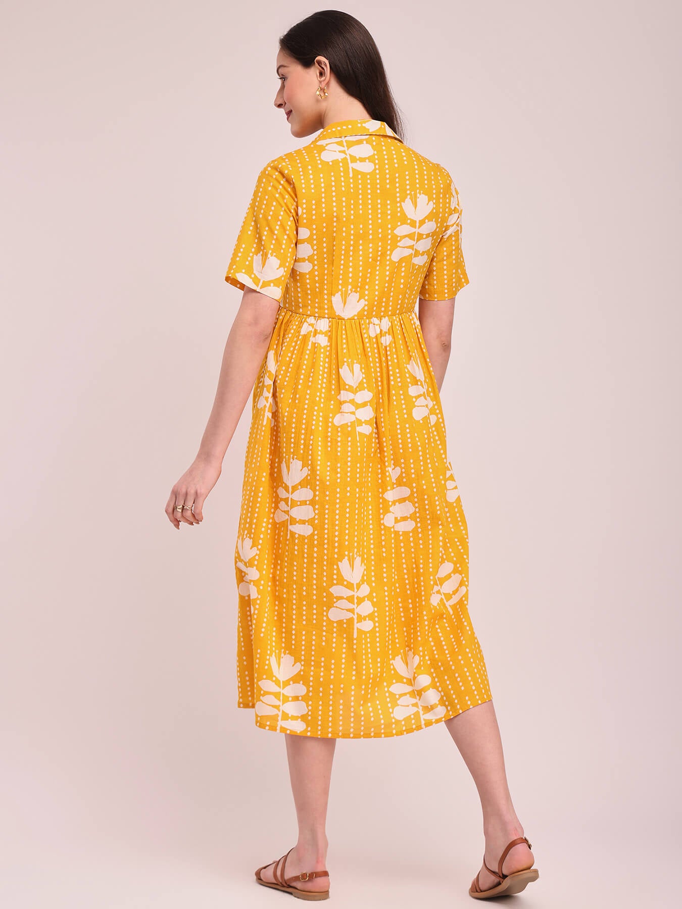 Cotton Floral Shirt Dress - Yellow